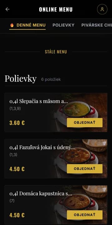 Online menu reštaurácie s objednávkou na mobile